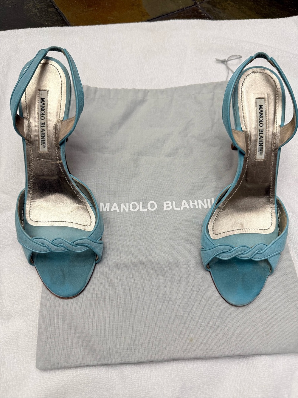 Manolo Blahnik Teal Braided Strap Slingback 4” Heels